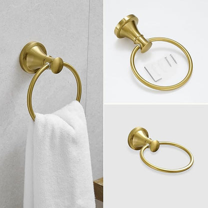 RUMOSE Toilet Paper Holder and Hand Towel Ring Brushed Gold Wall Mount Bathroom Hardware Accessories 2 PCS Set Flexible Pivoting Toilet Tissue Roll Holder and Towel Hanger, Stainless Steel