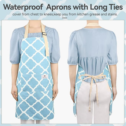 2 Pieces Aprons for Women with Pockets, Cotton Linen Waterproof Kitchen Cooking Aprons, Chef Apronfor Men Women with Adjustable Neck Strap and Long Ties(Green/Blue)