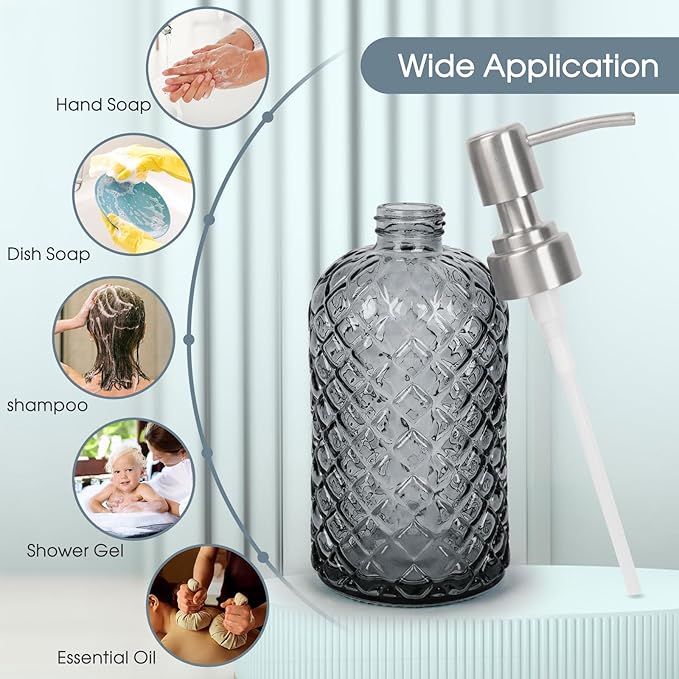 Gem-Patterned Glass Soap Dispenser with Rust Proof Stainless Steel Pump-13 oz Liquid Hand Soap Dispenser for Kitchen & Bathroom,Great for Lotions, Essential Oil, Liquid Soaps-Gray - Image 6