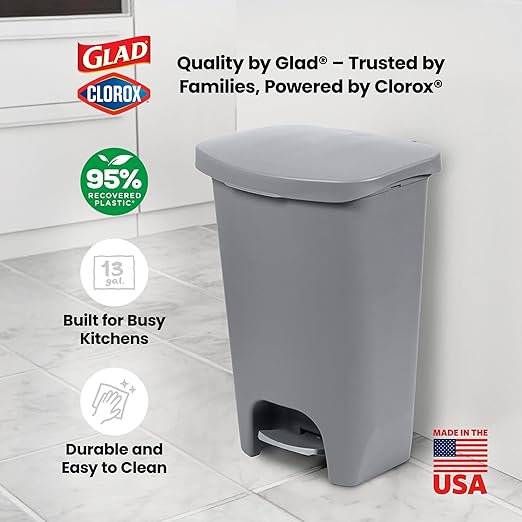 Glad Kitchen Trash Can | Large Plastic Waste Bin with Odor Protection of Lid | Hands Free with Step On Foot Pedal and Garbage Bag Rings, 13 Gallon, Grey - Image 6
