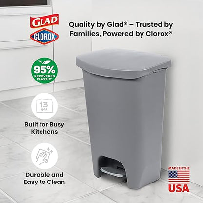 Glad Kitchen Trash Can | Large Plastic Waste Bin with Odor Protection of Lid | Hands Free with Step On Foot Pedal and Garbage Bag Rings, 13 Gallon, Grey - Image 6