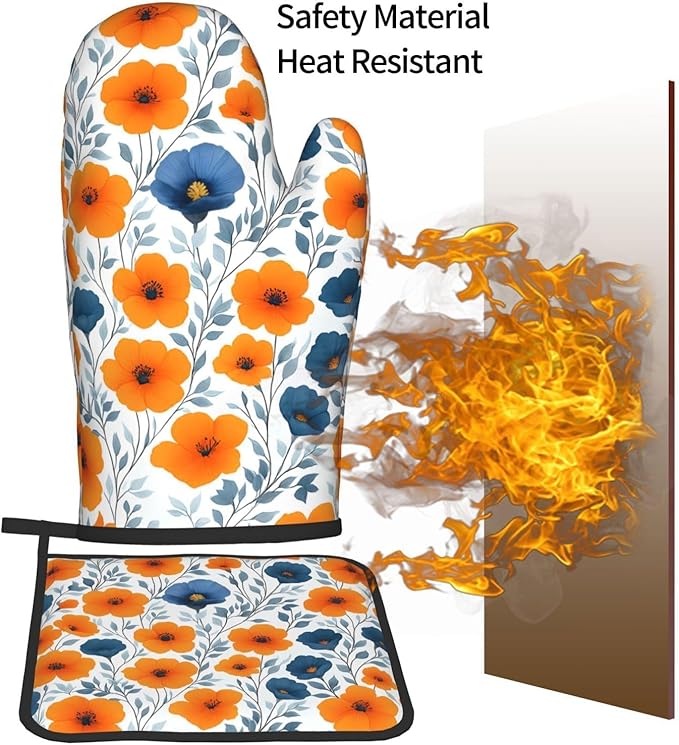 Spring Orange Blue Floral Oven Mitts and Pot Holders Sets of 3, Heat Resistant Non-Slip Burnt Orange Navy Flowers Kitchen Gloves Hot Pads for Cooking BBQ Grilling, Chef Baking Gifts for Women Baker - Image 7