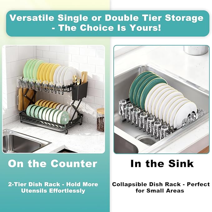 2-Tier Dish Racks for Kitchen Counter, Stainless Steel Kitchen Dish Drying Rack Large Dish Drainers for Kitchens Counter, Space Saving Dishes Strainer for Bowl, Plate, Cup - Modern Counter Organizer - Image 6