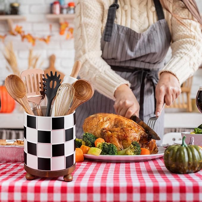 Kitchen Utensil Countertop Holder Checkered Utensil Crock with a Wooden Base 7.5 Inch Organizer Country Style Decorative for Storing Spoons Spatulas and Pot Spatulas