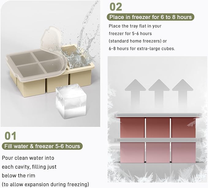 VLM 3 Packs Large Ice Cube Molds with Stackable Lid,Silicone Ice Cube Tray for Freezer,Big Square Ice Tray for Whiskey,Cocktails,Bourbon and Soups (Set 3) - Image 5