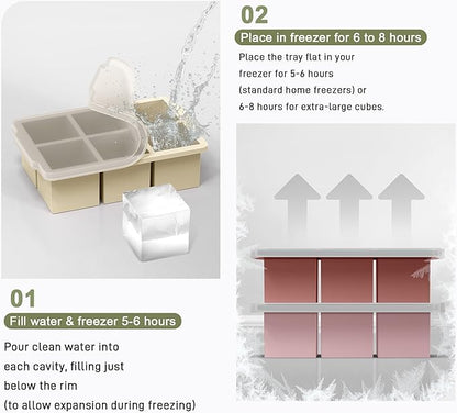VLM 3 Packs Large Ice Cube Molds with Stackable Lid,Silicone Ice Cube Tray for Freezer,Big Square Ice Tray for Whiskey,Cocktails,Bourbon and Soups (Set 3) - Image 5