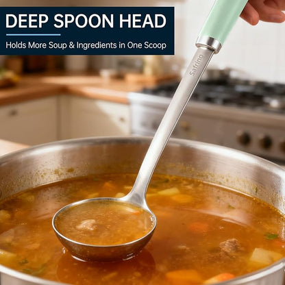 Safring Stainless Steel Soup Ladle and Spaghetti Spoon Set, Heat Resistant Rubber Handle, Dishwasher Safe, Kitchen Utensils for Cooking, Stirring, Serving Pasta, Soup & Sauce (Mint) - Image 5
