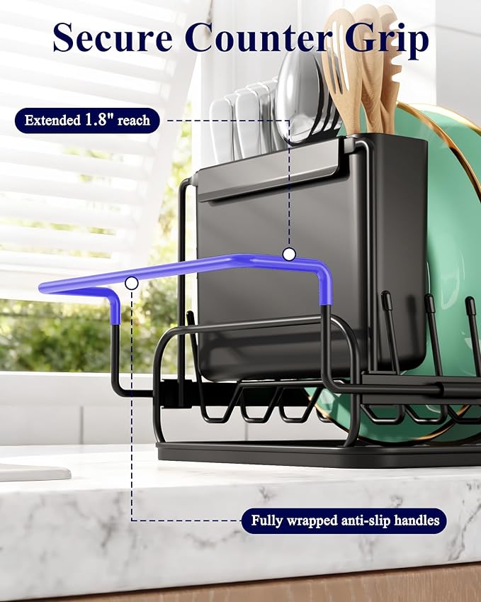 Kitsure Dish Drying Rack - Expandable Dish Rack for Kitchen Counter, Over Sink Or in Sink, Space-Saving Plates Dryer with Cutlery Holder & Drip Tray, 14.0"-20.9" L x 6.3" W x 8.0" H, Black - Image 5