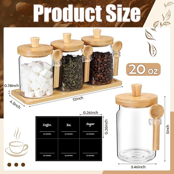 Suclain 3 Pcs Glass Coffee Container with Wooden Lid Spoon Shelf Labels Clear Airtight Jar Food Storage Canister Set for Sugar Spice Coffee Bean Holder Housewarming Gift(20 oz,Natural Bamboo) - Image 2