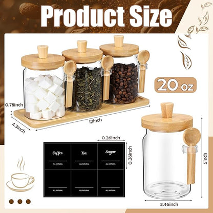 Suclain 3 Pcs Glass Coffee Container with Wooden Lid Spoon Shelf Labels Clear Airtight Jar Food Storage Canister Set for Sugar Spice Coffee Bean Holder Housewarming Gift(20 oz,Natural Bamboo) - Image 2