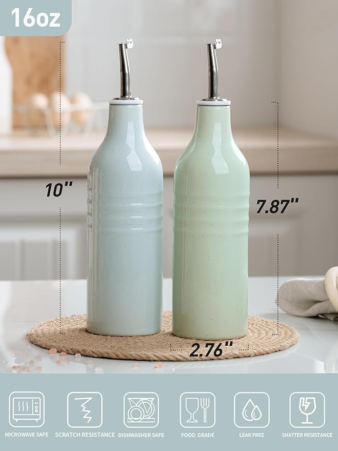 famiware Jupiter 16oz Ceramic Olive Oil Dispenser Bottle, Olive Oil and Vinegar Dispenser Bottle Set of 2 with Stainless Steel Pourers, Suitable for Storage Vinegar, Liquids, Light Blue & Light Green