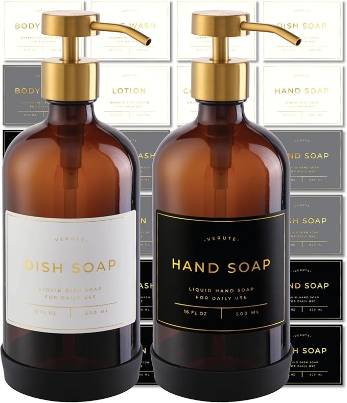Hand and Dish Soap Dispenser for Kitchen and Bathroom, Set of 2 16 Oz Glass Bottles, Stainless Steel Pumps, Non-Slip Silicone Base, 27 Waterproof Labels (Amber Bottle/Brushed Gold Pump) by Verute
