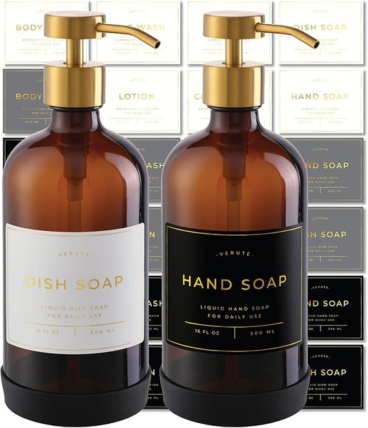 Hand and Dish Soap Dispenser for Kitchen and Bathroom, Set of 2 16 Oz Glass Bottles, Stainless Steel Pumps, Non-Slip Silicone Base, 27 Waterproof Labels (Amber Bottle/Brushed Gold Pump) by Verute
