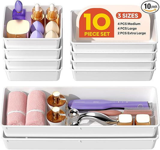 10 Pack Large Size Plastic Drawer Organizers Set, 3 Sizes Desk Drawer Organizer Trays, Storage Bins for Vanity, Makeup, Bathroom, Kitchen Utensils and Office (White)