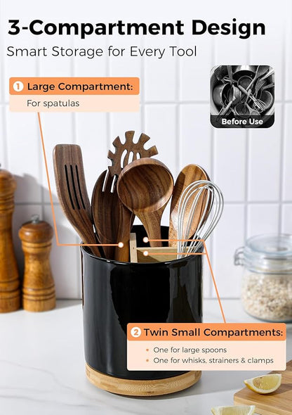 LoeJan 3 Compartment Utensil Holder, Extra Large Utensil Crock, Stable Ceramic Utensil Organizer, Cooking Tool Organizer Set for Kitchen Counter Farmhouse Decor (D-Black(Grossy)) - Image 3