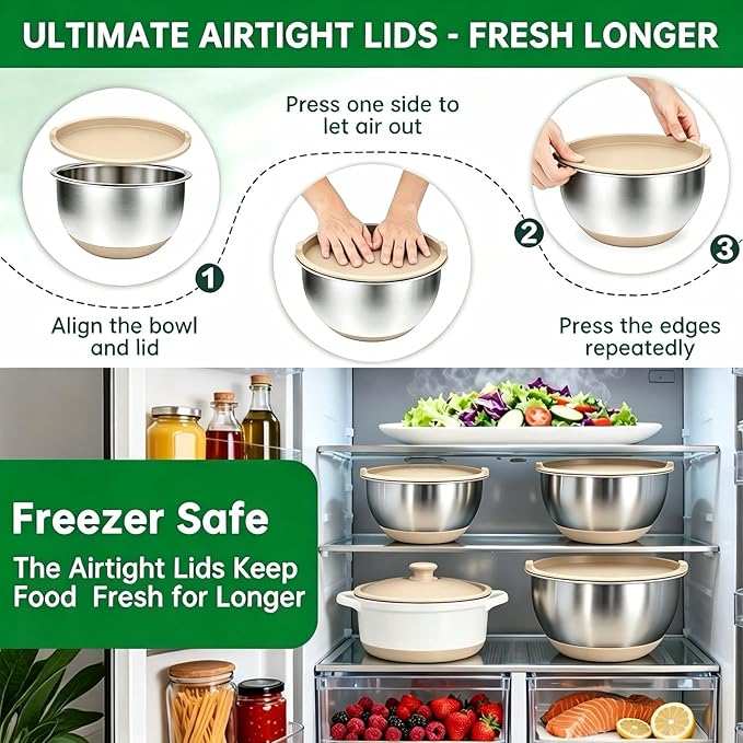 Deedro Premium Mixing Bowls with Airtight Lids Set, 22Pcs Thicker Stainless Steel Mixing Bowl Set, Large Prep Metal Bowls, Non-Slip Silicone Base Nesting Bowls for Kitchen, 1.5/2/3/4/5 QT, Khaki - Image 7