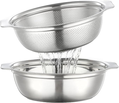 Colander for Kitchen Microporous, 5QT Strainer with Mixing Bowl Large Capacity, Stainless Steel Colander with Handle for Washing Vegetables, Fruit, Rice and Draining Cooked Pasta(2PC)