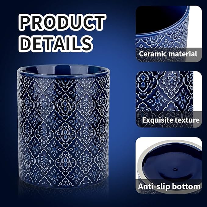 KOOV Kitchen Utensil Holder, Large Utensil Holders for Countertop, 6 x 7 Inches Ceramic Utensil Crock, Deep and Stable, Cooking Utensil Holder, Embossed Pattern (BLue) - Image 2