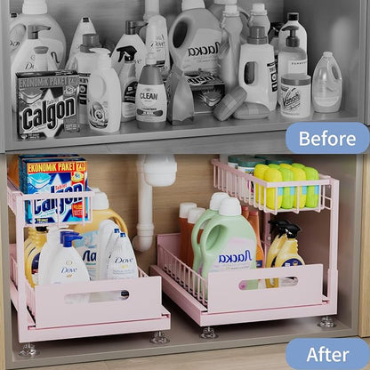 Saydear Under Sink Organizer Storage 2-Tier Premium Metal Pull-Out Kitchen Cabinet Organizer with Sliding Drawer, Height Adjustable, Heavy Duty for Kitchen & Bathroom Organizers 1 Pack Pink - Image 2
