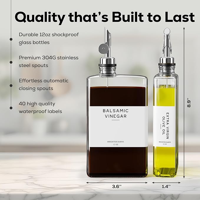Glass Olive Oil Dispenser Bottle for Kitchen by Brighter Barns - Oil and Vinegar Dispenser Set, Coffee Syrup Bottles - Modern Decor for Restaurants, Coffee Station Accessories (Clear/Silver, Set of 2) - Image 3