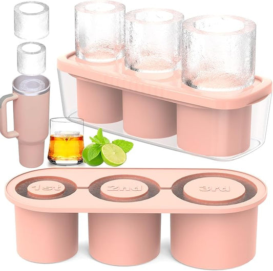 Ice Cube Tray for Tumbler Cup 30Oz-40Oz, 3 Pcs Silicone Cylinder Ice Mold with Lid and Bin for Freezer, Easy Fill and Release Ice Maker for Whiskey, Cocktail BPA-Free (Pink, 40Oz-Type1)