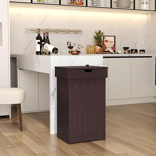 Function Home Trash Can Cabinet, 13 Gallon Kitchen Garbage Can, Wood Recycling Trash Bin, Freestanding Dog Proof Trash Can, Farmhouse Trash Cabinet with Lid for Home Kitchen Bathroom, Coffee - Image 2