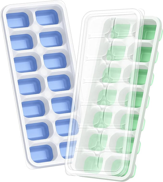 ChefAide Ice Cube Tray with Lid, 2 Packs 28 Cubes Durable Stackable Ice Cube Trays for Freezer with Removable Lids, Easy-Release Plastic & Silicone Ice Tray for Cocktail, Coffee by ChefAide