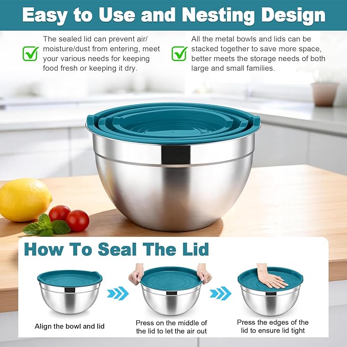 TeamFar Mixing Bowls, Stainless Steel Nesting Salad Bowls with Airtight Lids Set, For Serving/Mixing/Storing, Healthy & Heavy-duty, Dishwasher Safe & Easy Clean, 4.6/3 / 1.5 QT, Navy Blue - Image 7