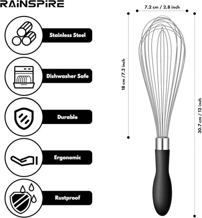 Rainspire 12-Inch Wire Whisk Stainless Steel, Balloon Whisks for Cooking, Wisk Wisking Tool With Soft Silicone Handle, Thick Durable Whisker for Blending, Beating, Whisking, Stirring, Black - Image 2