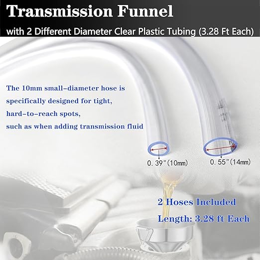 Steel Transmission Funnel for Automotive Use, Wide Mouth Oil Funnel with 2 Different Diameter Clear Plastic Tubing (3.28 Ft Each) for Car, Gasoline, Engine, Coolant, Water, Fluid, Oil Change