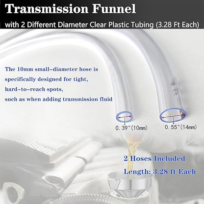 Steel Transmission Funnel for Automotive Use, Wide Mouth Oil Funnel with 2 Different Diameter Clear Plastic Tubing (3.28 Ft Each) for Car, Gasoline, Engine, Coolant, Water, Fluid, Oil Change