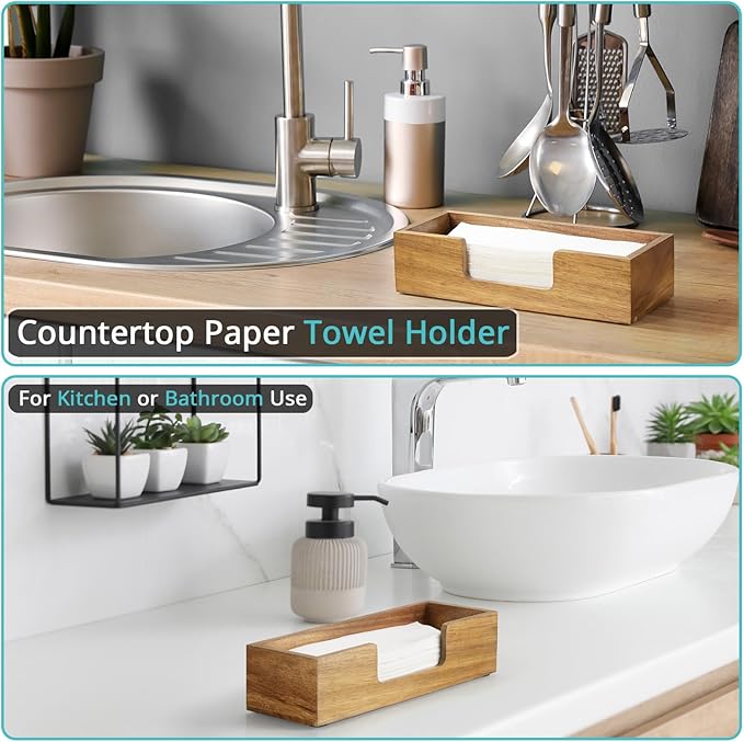 Paper Towel Dispenser Countertop, Acacia Wood Bathroom Paper Towel Holder, Black Napkin Holder for Kitchen, Countertop Multifold C-Fold, Z-Fold, Trifold Paper Hand Towel Dispenser for Toilet - Image 3