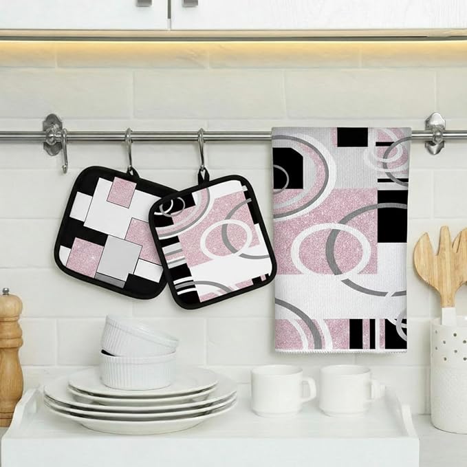 Jingmore 6 Pcs Kitchen Decor Set Accessory Farmhouse Kitchen Towels Pot Holders Oven Mitts Set 2 Dish Towels 2 Pot Holders 2 Cooking Mittens Oven Glove for Cooking (Pink, White, Black,Geometric) - Image 2