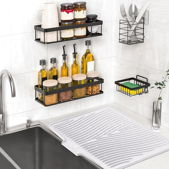 TIKNIK Silicone Dish Drying Mat, Stone Drying Mat for Kitchen Counter with Built-In Drain, Non-Slip Drain Pad with Built-in Drain, Heat Resistant Stone Drying Mat, Hangable, White-2pcs, 20" x 15" - Image 5