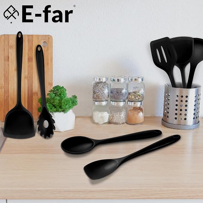 E-far 10 Pieces Silicone Cooking Utensils Set, Heat Resistant Kitchen Utensil Set for Nonstick Cookware, Kitchen Cooking Tools with Spatula, Spoon, Slotted Turner, Non-Toxic & Dishwasher Safe (Black) - Image 7