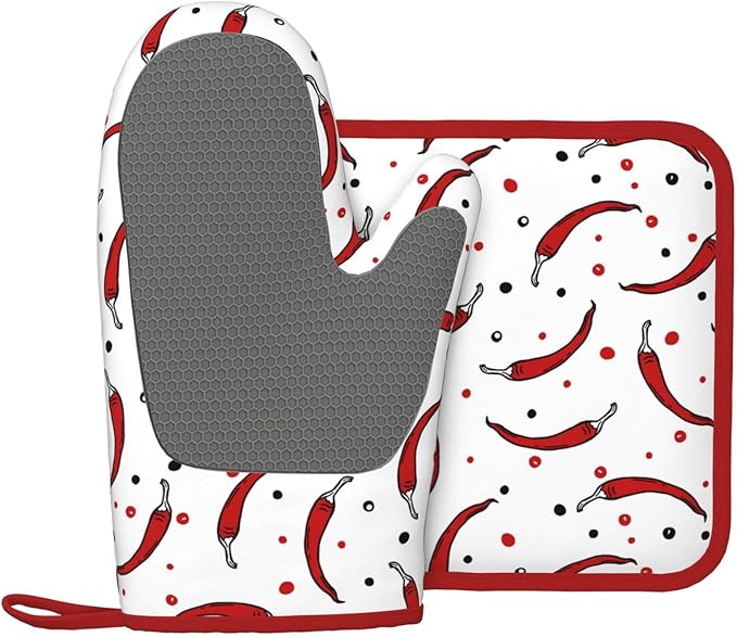 Pepper Silicone Oven Mitts Pan Mats Set of 2, Heat Resistant Gloves Potholder with Non-Slip Grips Hanging Loops Pot Holder, Spring Summer for Chef Cooking, Baking, Grilling, BBQ