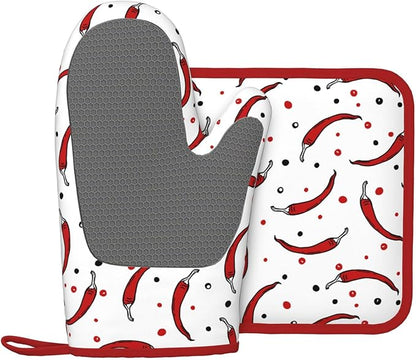 Pepper Silicone Oven Mitts Pan Mats Set of 2, Heat Resistant Gloves Potholder with Non-Slip Grips Hanging Loops Pot Holder, Spring Summer for Chef Cooking, Baking, Grilling, BBQ