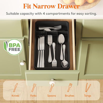 Lifewit Silverware Drawer Organizer Tray, Plastic Cutlery Storage for Kitchen, Flatware and Utensil Holder Divider for Spoons Forks Knives Tableware, 7.8 x 12.4", 4 Slots, Black - Image 3