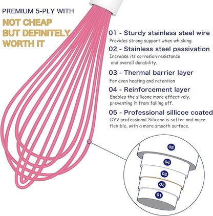 OYV Pink Silicone Whisk, Sealed Waterproof Design Set of 3, Professional Kitchen Whisks for Cooking Non-Scratch, Silicone&Stainless Steel Whisk, Heat Resistant 480°F Rubber wisk, BPA free - Image 3