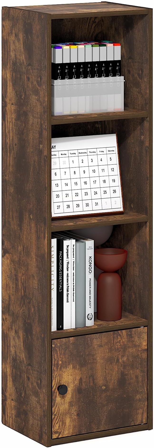 Furinno LUDER Book Shelf, 4-Tier Bookshelf with Open Shelf, Standing Bookcase with 1 Door Cabinet, 9.3 x 12 x 41.8, for Organization and Storage, for Living Room, Bedroom, Home Office, Amber Pine by Furinno-FitsYourSpaceFitsYourBudget