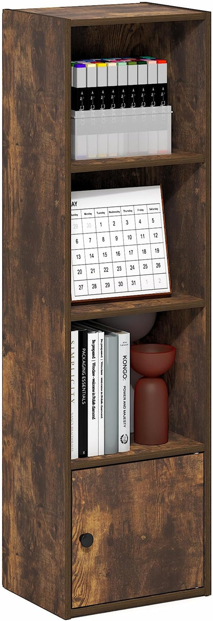 Furinno LUDER Book Shelf, 4-Tier Bookshelf with Open Shelf, Standing Bookcase with 1 Door Cabinet, 9.3 x 12 x 41.8, for Organization and Storage, for Living Room, Bedroom, Home Office, Amber Pine by Furinno-FitsYourSpaceFitsYourBudget