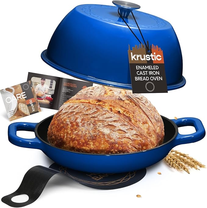 Krustic Enameled Cast Iron Dutch Oven for Sourdough Bread Baking | 6 Quart Pot with Lid | 10 Inch Ceramic Enamel Thick Coated Cookware Set with Non Stick Silicone Baking Mat for Cooking