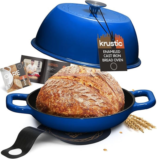 Krustic Enameled Cast Iron Dutch Oven for Sourdough Bread Baking | 6 Quart Pot with Lid | 10 Inch Ceramic Enamel Thick Coated Cookware Set with Non Stick Silicone Baking Mat for Cooking
