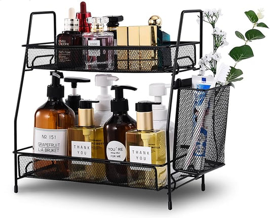 LEMIKKLE 2-Tier Bathroom Countertop Organizer,Skincare, Makeup Countertop Organizers, Kitchen, Bathroom Counter Storage with Small Basket (Black)