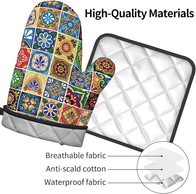 Mexican Talavera Tile Oven Mitts and Pot Holders Sets of 3, Heat Resistant Non-Slip Polyester Colorful Talavera Kitchen Gloves Gifts for Cooking Lovers, Vibrant Kitchen Decor for Baking BBQ Cooking - Image 9