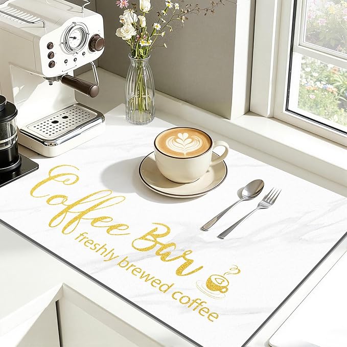 Findosom Dish Drying Mat, 16"x 24" Super Absorbent & Hide Stain Coffee Mat, Cuttable Drying Mat for Kitchen Counter, Coffee Bar Accessories, Under Dish Rack, Coffee Maker, Espresso Machine, White - Image 5