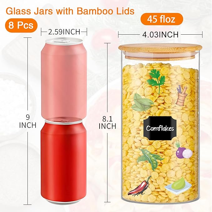 BGraceyy Glass Storage Jars 45 oz 4 Pcs Clear Glass Food Storage Containers with Airtight Bamboo Lid Stackable Kitchen Canisters for Candy, Cookie, Rice, Sugar, Flour, Pasta, Nuts - Image 2