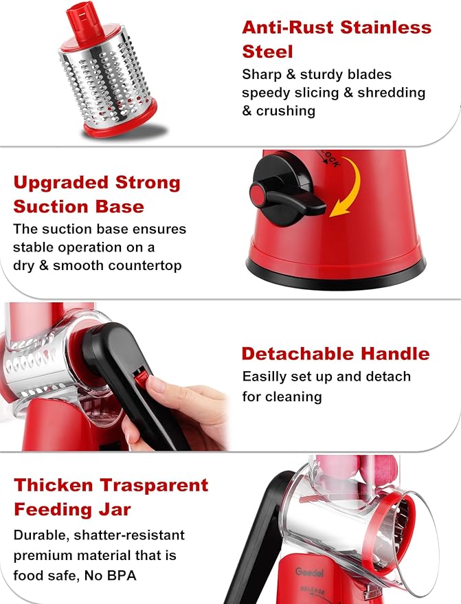 Geedel Rotary Cheese Grater Cheese Shredder with 5 Interchangeable Blades - Upgraded Rotary Grater Featuring Strong Suction Base for Cheese Shredding, Wavy Slicing, Nut Grinding, and Ice Shaving - Image 6