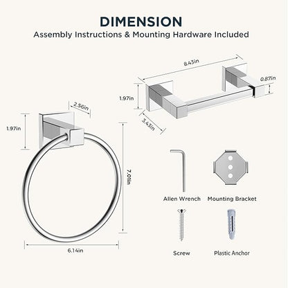 FORIOUS Toilet Paper Holder Wall Mount and Hand Towel Ring Set, SUS 304 Stainless Steel Double Post Pivoting Tissue Roll Holder, Modern Bathroom Hardware Accessories Set, Chrome