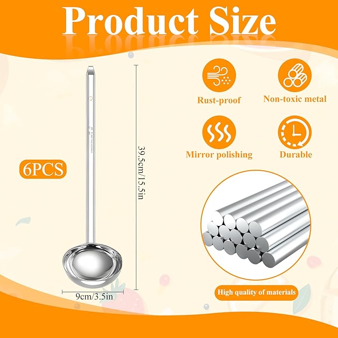 6 Pcs Stainless Steel Ladle Soup Handle Ladle with Long Hooked Handles Metal Kitchen Soup Ladles Spoon Cooking Utensil for Serving, Cooking, Stirring, Portioning Kitchen Restaurant Accessories(6 oz) - Image 2